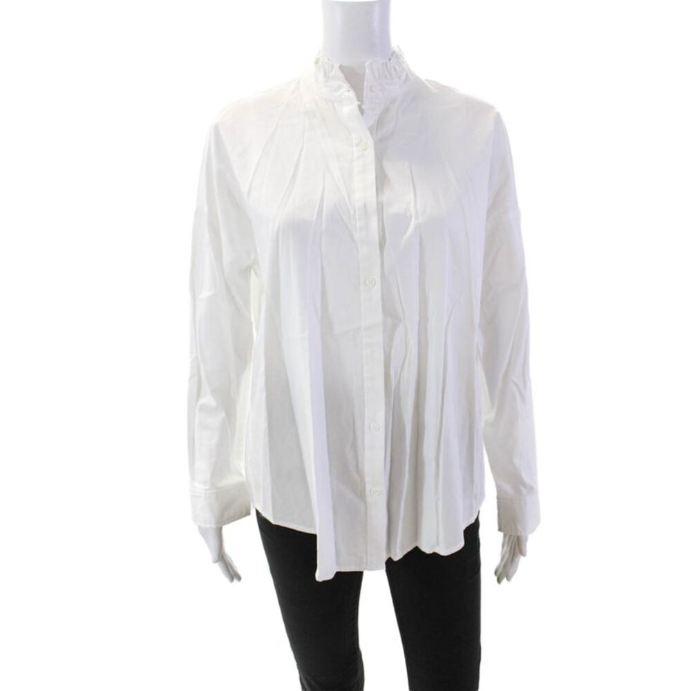 Intropia Womens Cotton Ruffle Trim Long Sleeve Button Up Blouse White Size 40